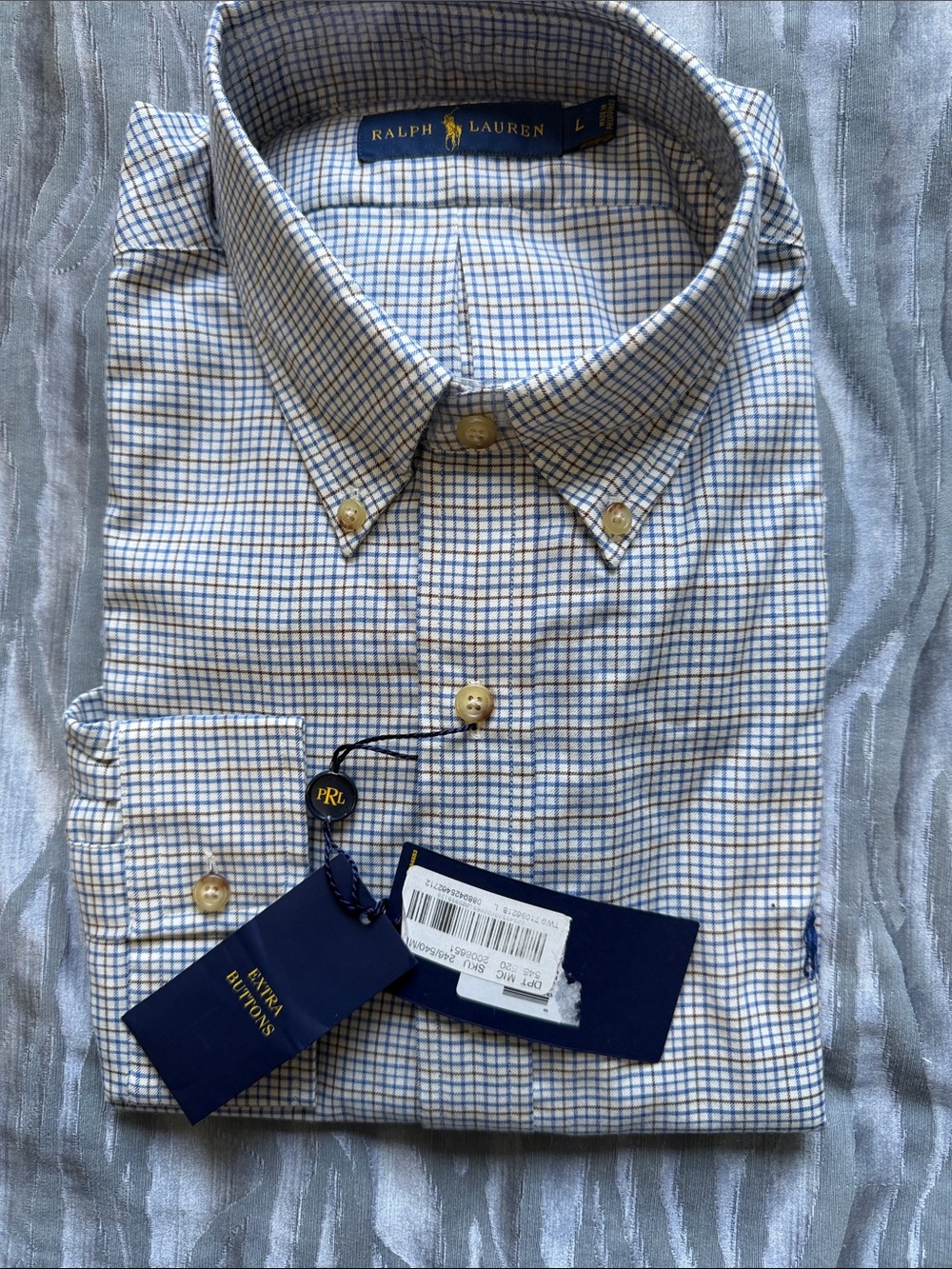 Ralph Lauren Men’s Blue and Tan Micro-Check Button-Down Shirt